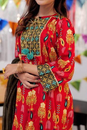 GBD-02530 | Red & Gold | Casual Plus 3 Piece Suit  | Cotton Gold Print Lawn